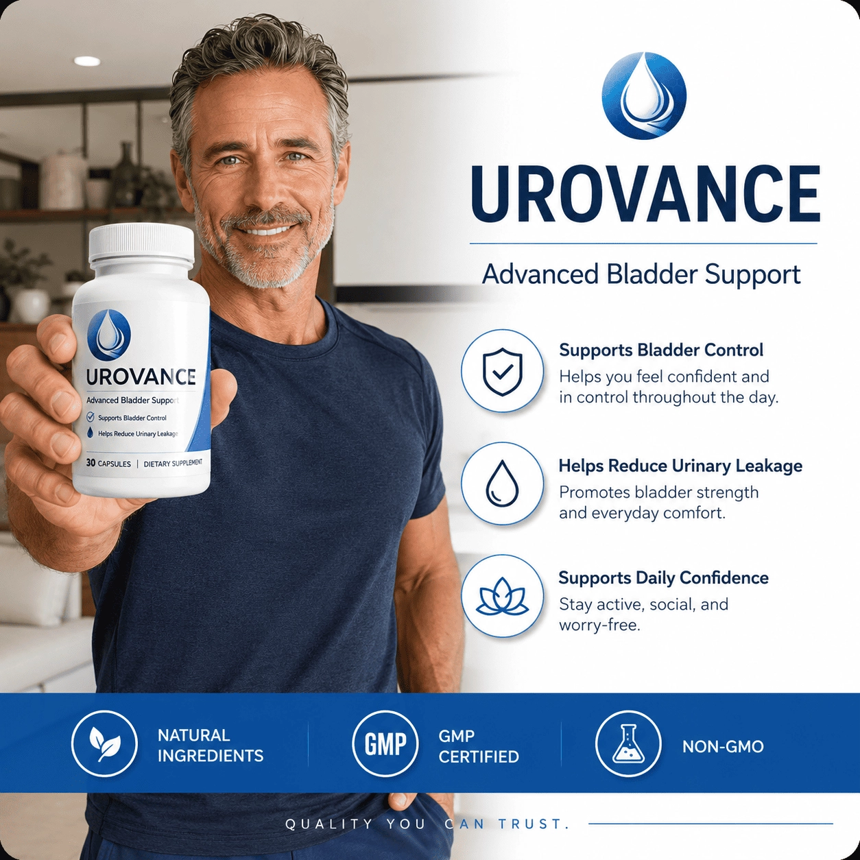 Urovance advanced bladder support supplement bottle held by an active man in his fifties